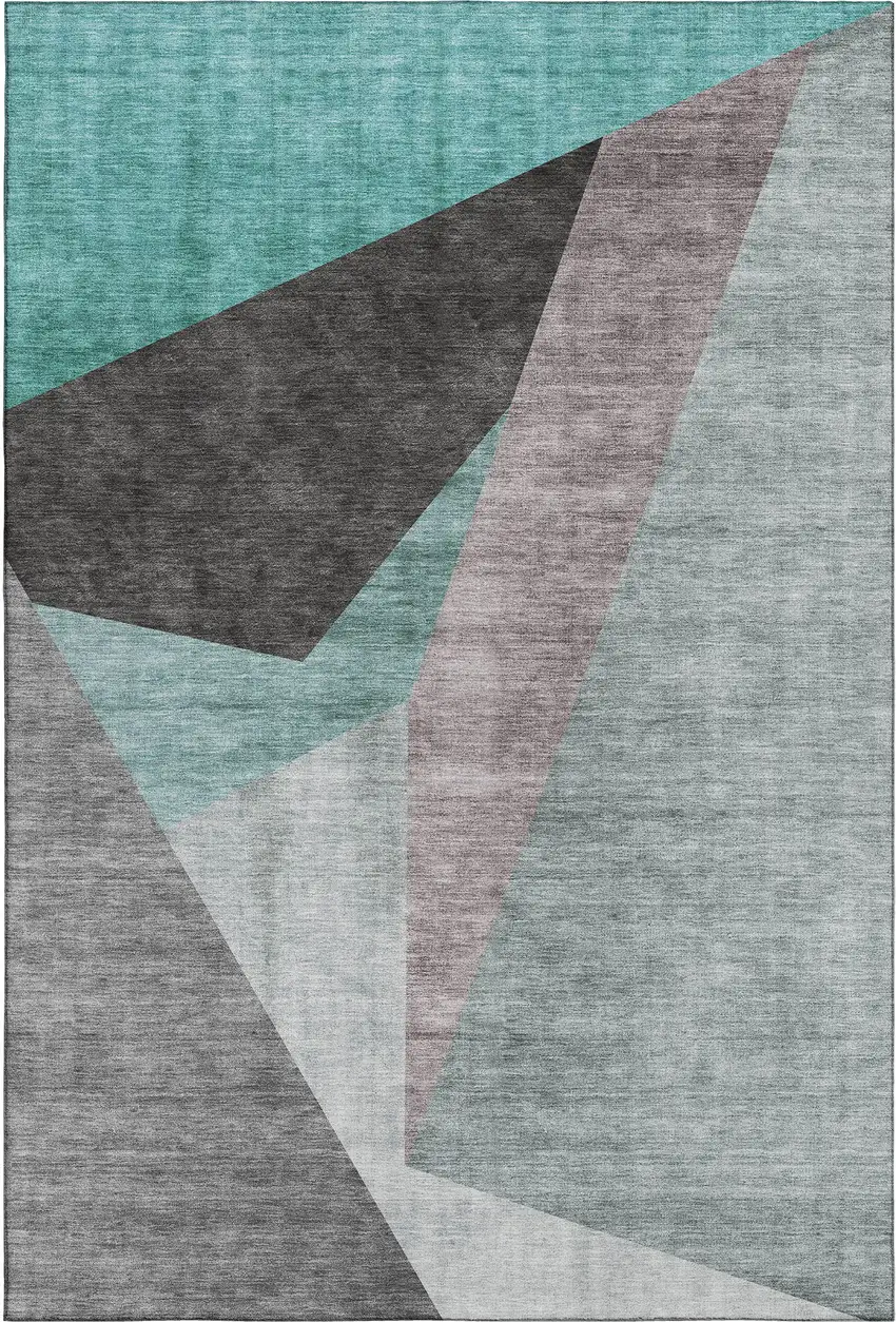 Teal Gray And Ivory Geometric Washable Area Rug With UV Protection Photo 1