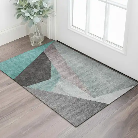 Teal Gray And Ivory Geometric Washable Area Rug With UV Protection Photo 1