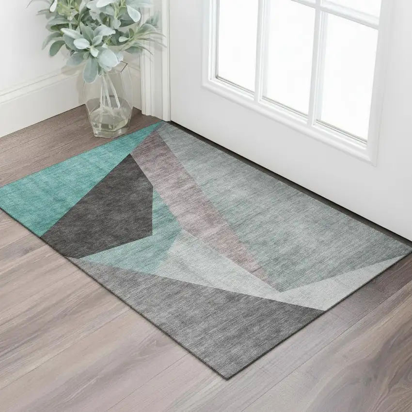 Teal Gray And Ivory Geometric Washable Area Rug With UV Protection Photo 1