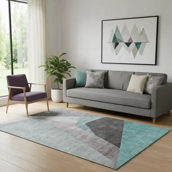Teal Gray And Ivory Geometric Washable Area Rug With UV Protection Photo 1