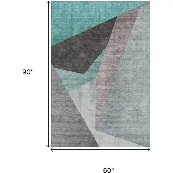 Teal Gray And Ivory Geometric Washable Area Rug With UV Protection Photo 3
