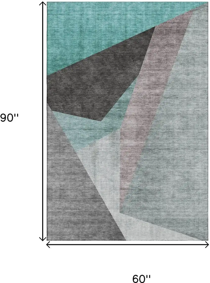 Teal Gray And Ivory Geometric Washable Area Rug With UV Protection Photo 3
