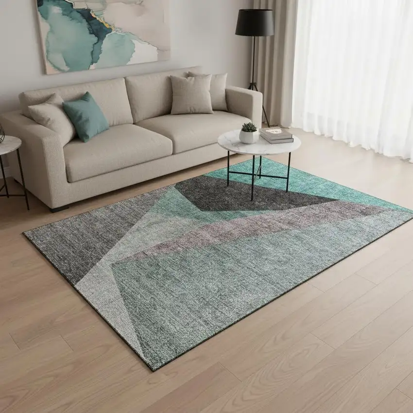 Teal Gray And Ivory Geometric Washable Area Rug With UV Protection Photo 1