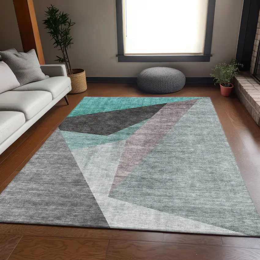 Teal Gray And Ivory Geometric Washable Area Rug With UV Protection Photo 6