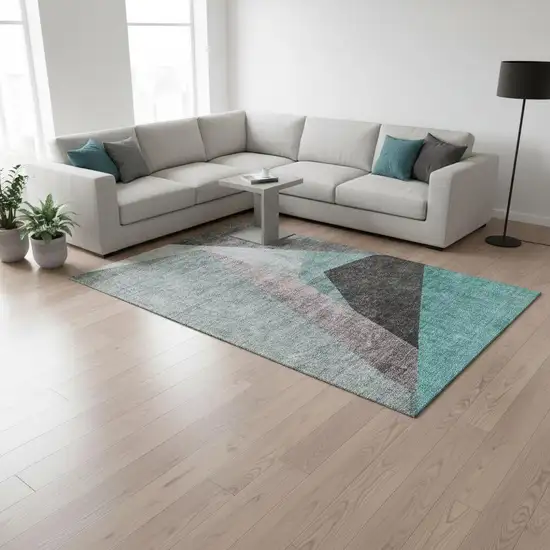 Teal Gray And Ivory Geometric Washable Area Rug With UV Protection Photo 1