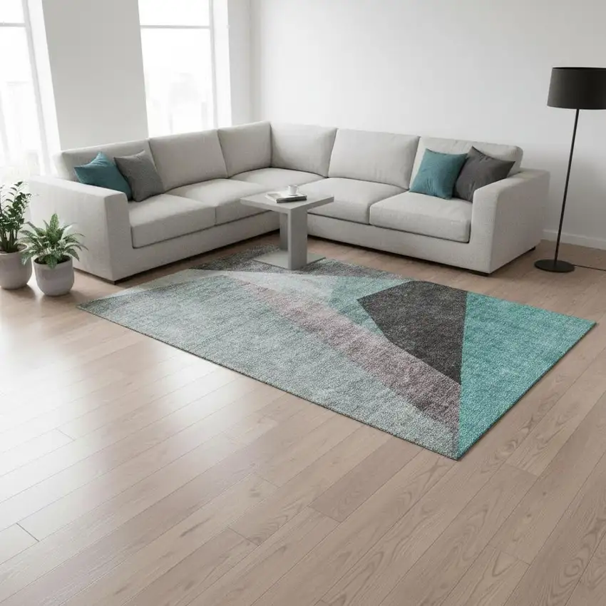 Teal Gray And Ivory Geometric Washable Area Rug With UV Protection Photo 1