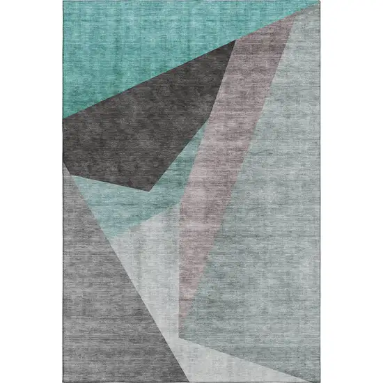 Teal Gray And Ivory Geometric Washable Area Rug With UV Protection Photo 2