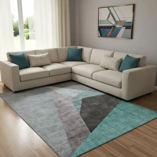 Teal Gray And Ivory Geometric Washable Area Rug With UV Protection Photo 1