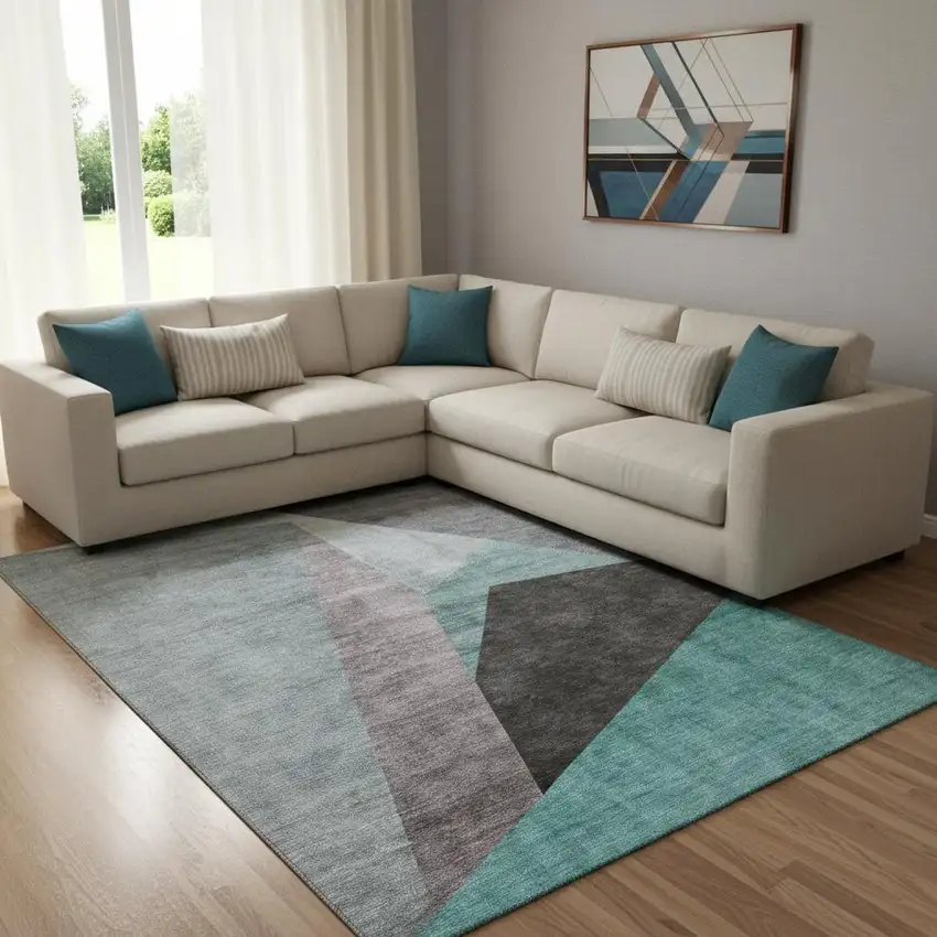 Teal Gray And Ivory Geometric Washable Area Rug With UV Protection Photo 1
