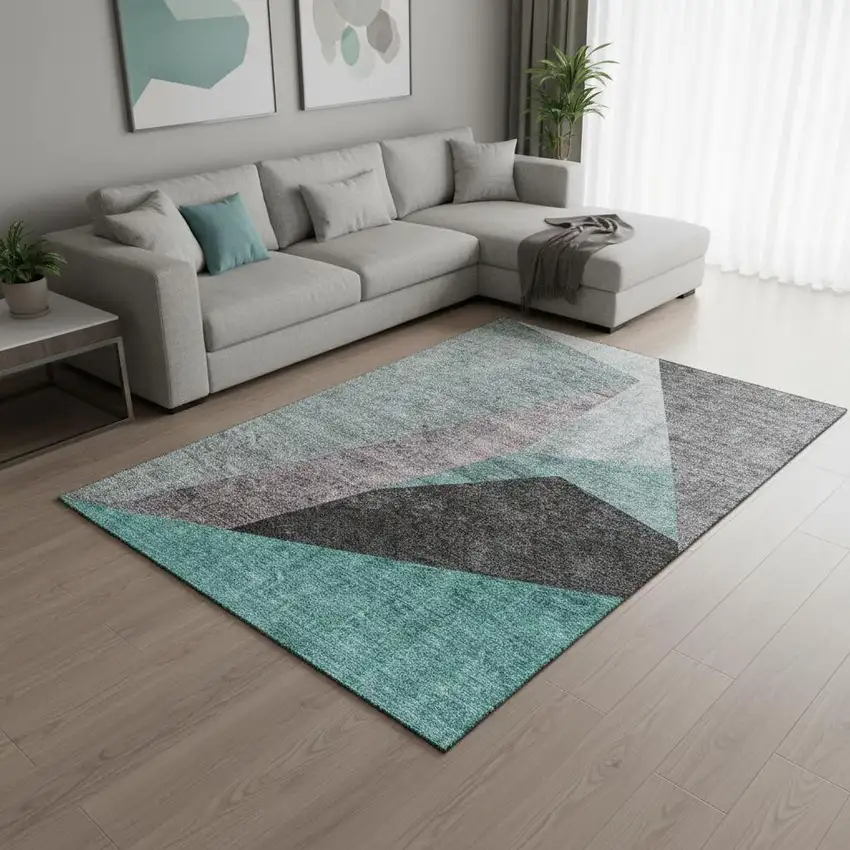 Teal Gray And Ivory Geometric Washable Area Rug With UV Protection Photo 1