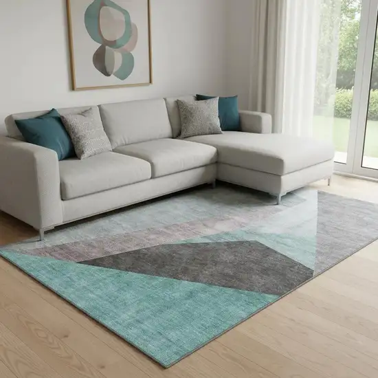 Teal Gray And Ivory Geometric Washable Area Rug With UV Protection Photo 1