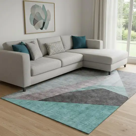 Teal Gray And Ivory Geometric Washable Area Rug With UV Protection Photo 1