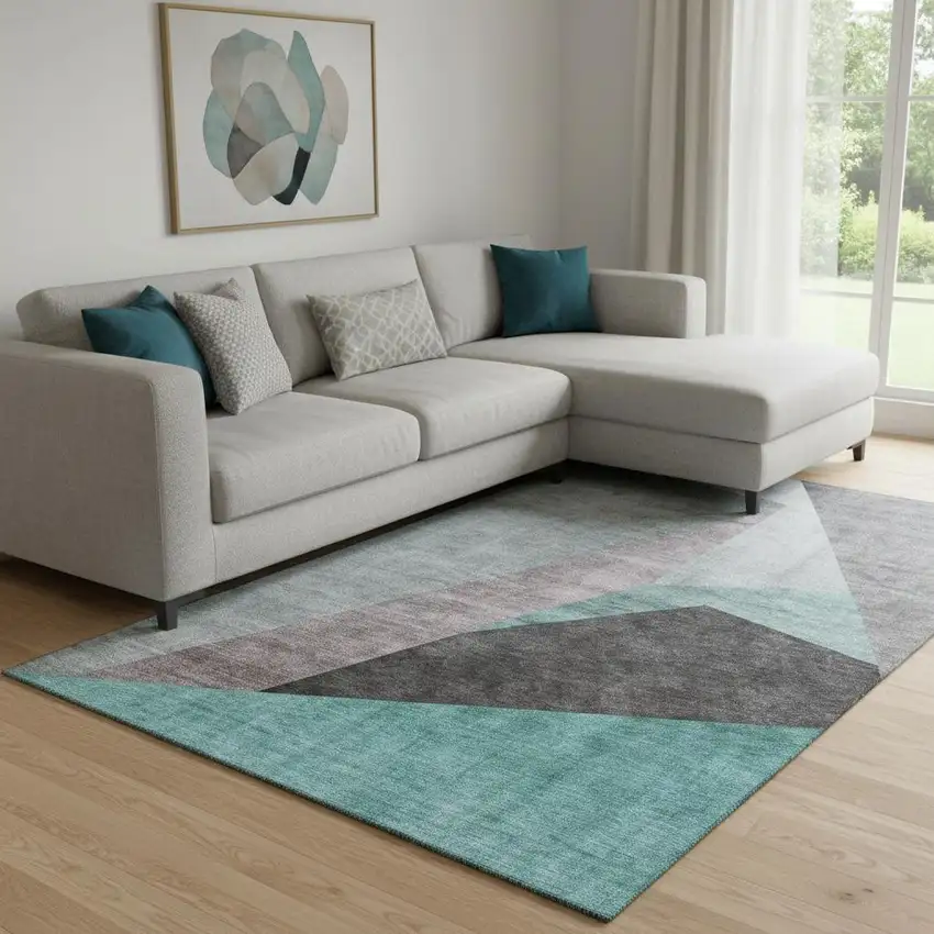Teal Gray And Ivory Geometric Washable Area Rug With UV Protection Photo 1