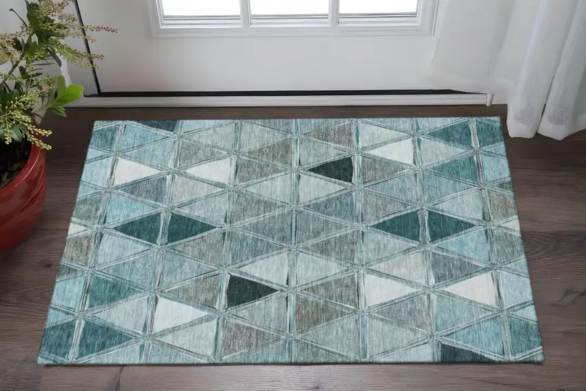 Teal Gray And Ivory Geometric Washable Area Rug With UV Protection Photo 2