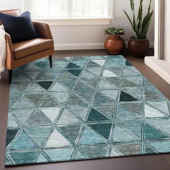 Teal Gray And Ivory Geometric Washable Area Rug With UV Protection Photo 6