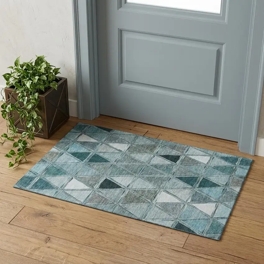 Teal Gray And Ivory Geometric Washable Area Rug With UV Protection Photo 1