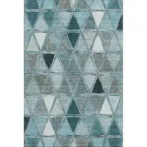 Photo of Teal Gray And Ivory Geometric Washable Area Rug With UV Protection