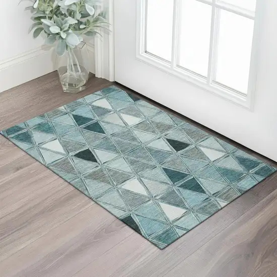Teal Gray And Ivory Geometric Washable Area Rug With UV Protection Photo 1