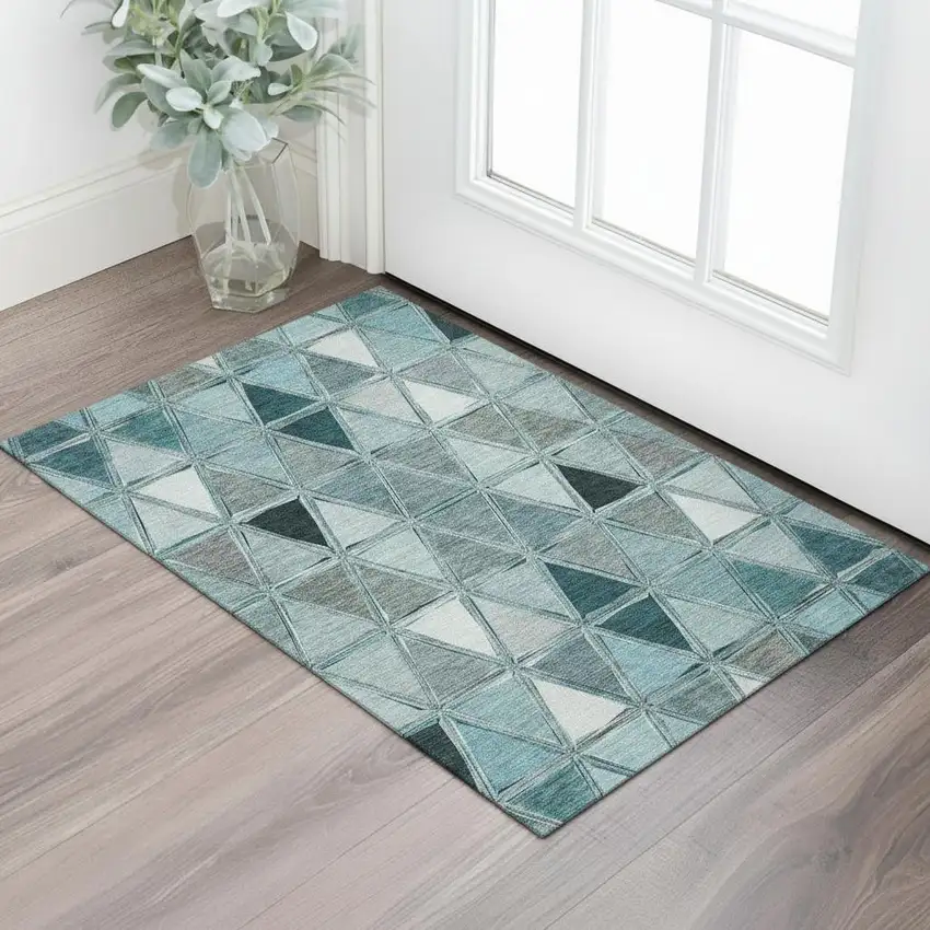 Teal Gray And Ivory Geometric Washable Area Rug With UV Protection Photo 1