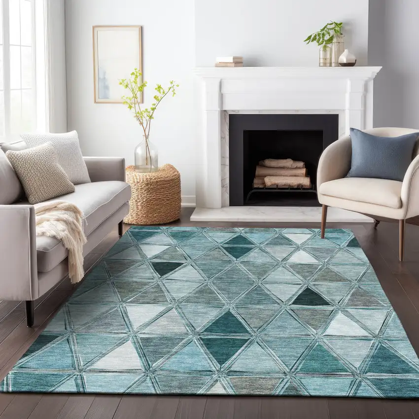 Teal Gray And Ivory Geometric Washable Area Rug With UV Protection Photo 5