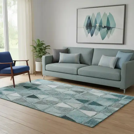 Teal Gray And Ivory Geometric Washable Area Rug With UV Protection Photo 1