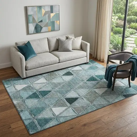 Teal Gray And Ivory Geometric Washable Area Rug With UV Protection Photo 1