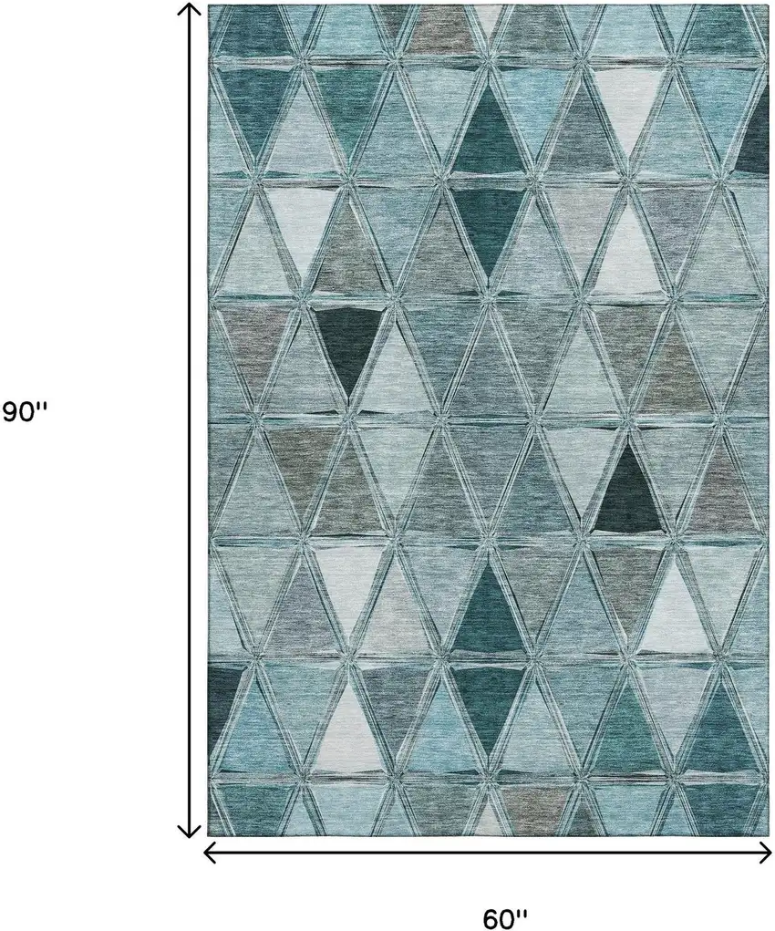 Teal Gray And Ivory Geometric Washable Area Rug With UV Protection Photo 3