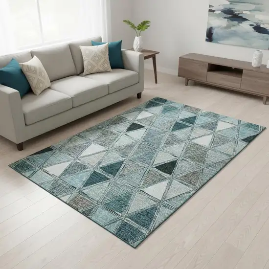 Teal Gray And Ivory Geometric Washable Area Rug With UV Protection Photo 1