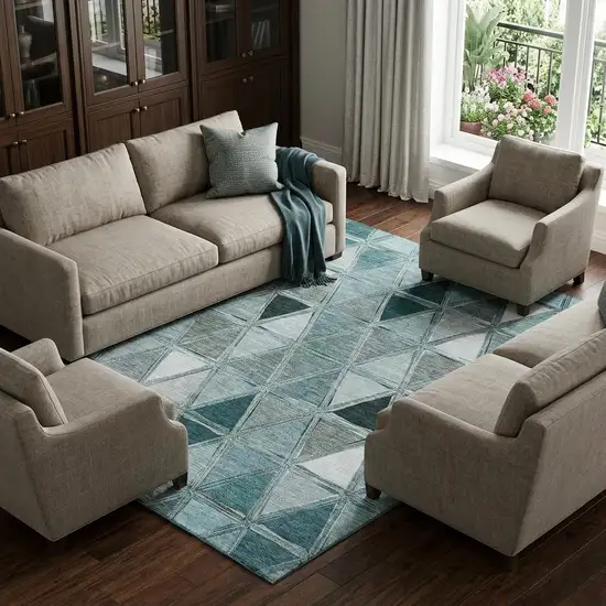 Teal Gray And Ivory Geometric Washable Area Rug With UV Protection Photo 1