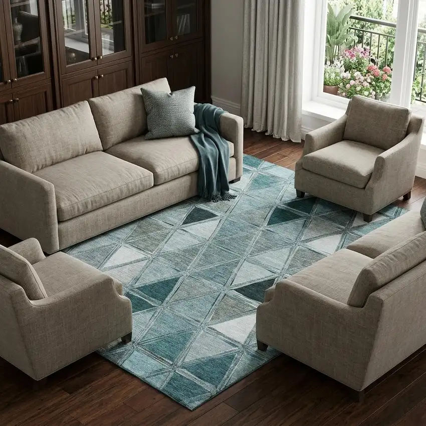 Teal Gray And Ivory Geometric Washable Area Rug With UV Protection Photo 1