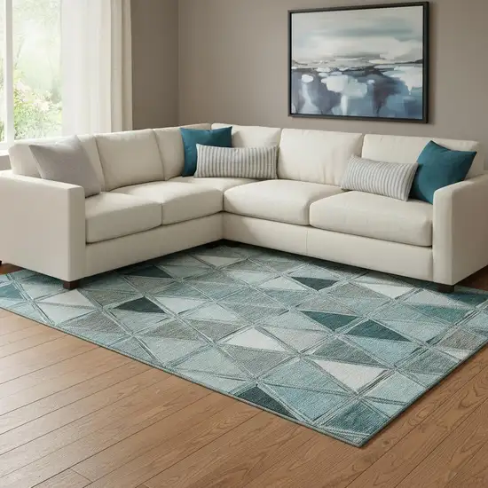 Teal Gray And Ivory Geometric Washable Area Rug With UV Protection Photo 1
