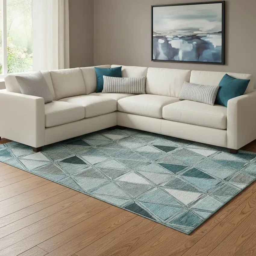 Teal Gray And Ivory Geometric Washable Area Rug With UV Protection Photo 1