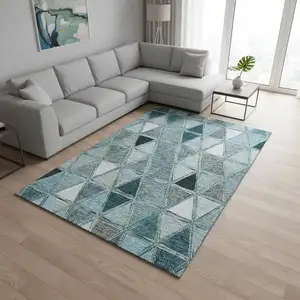 Photo of Teal Gray And Ivory Geometric Washable Area Rug With UV Protection