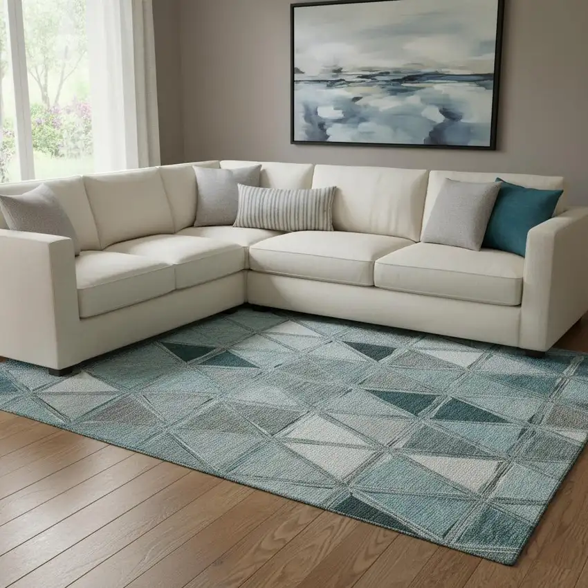 Teal Gray And Ivory Geometric Washable Area Rug With UV Protection Photo 1