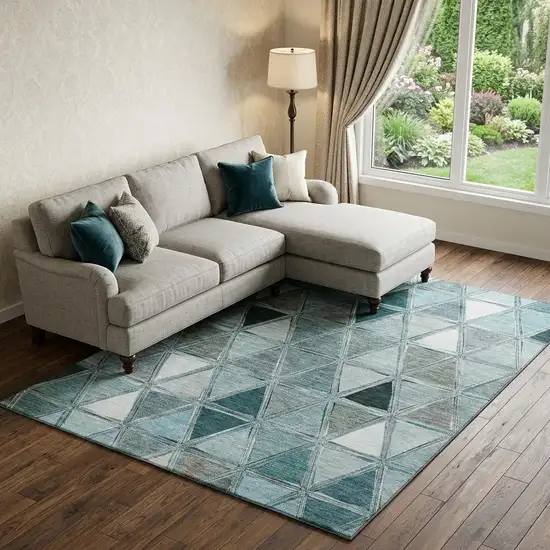 Teal Gray And Ivory Geometric Washable Area Rug With UV Protection Photo 1