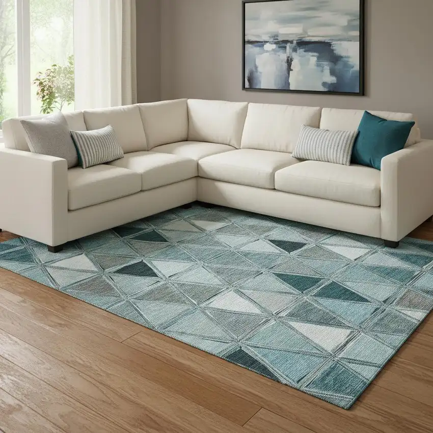 Teal Gray And Ivory Geometric Washable Area Rug With UV Protection Photo 1