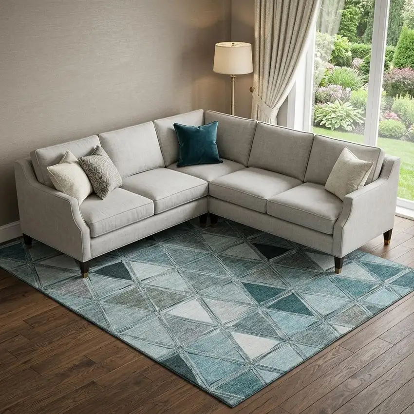 Teal Gray And Ivory Geometric Washable Area Rug With UV Protection Photo 1