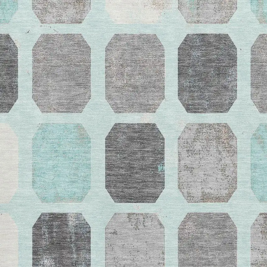 Teal Gray And Ivory Geometric Washable Area Rug With UV Protection Photo 3