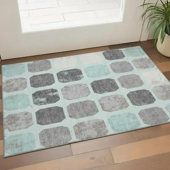 Teal Gray And Ivory Geometric Washable Area Rug With UV Protection Photo 2