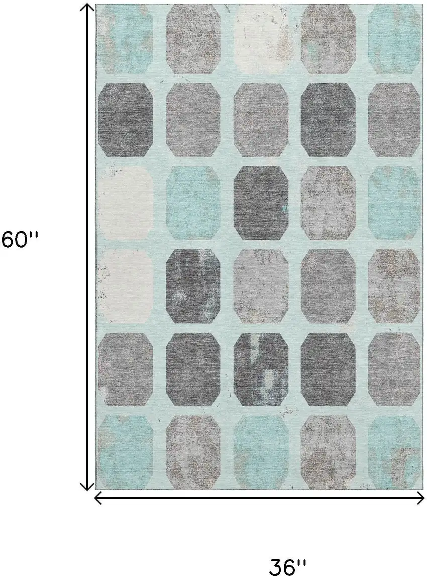 Teal Gray And Ivory Geometric Washable Area Rug With UV Protection Photo 9