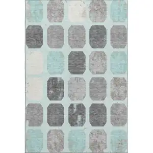 Photo of Teal Gray And Ivory Geometric Washable Area Rug With UV Protection