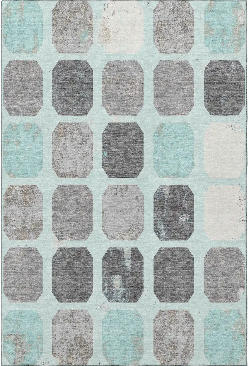 Teal Gray And Ivory Geometric Washable Area Rug With UV Protection Photo 4