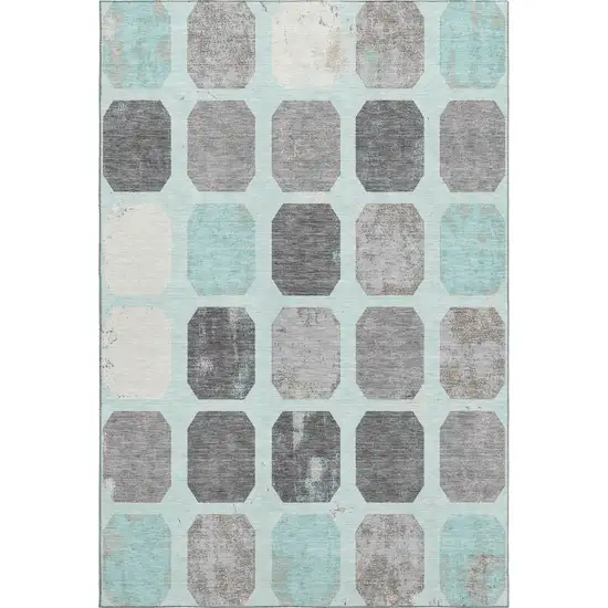 Teal Gray And Ivory Geometric Washable Area Rug With UV Protection Photo 1