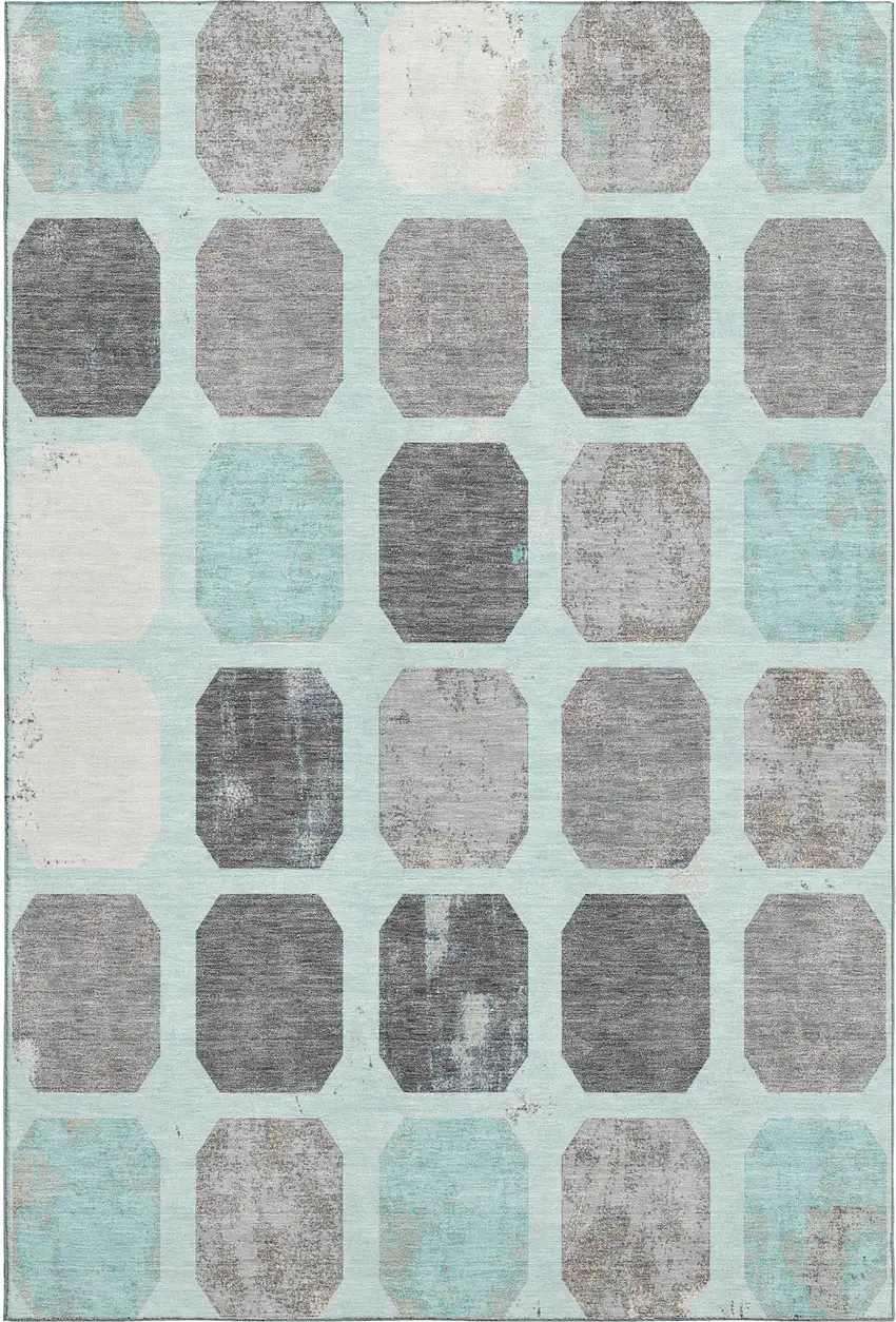 Teal Gray And Ivory Geometric Washable Area Rug With UV Protection Photo 1
