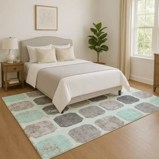 Teal Gray And Ivory Geometric Washable Area Rug With UV Protection Photo 5