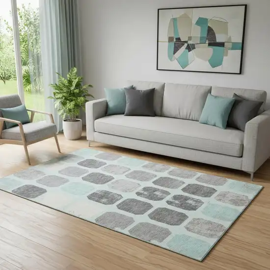 Teal Gray And Ivory Geometric Washable Area Rug With UV Protection Photo 2