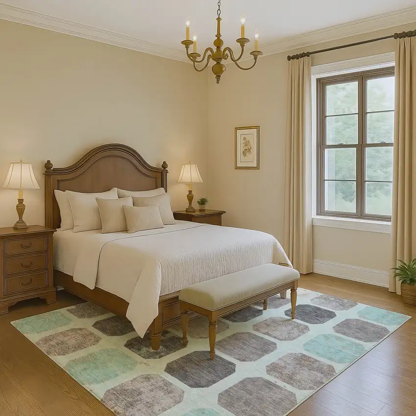 Teal Gray And Ivory Geometric Washable Area Rug With UV Protection Photo 6