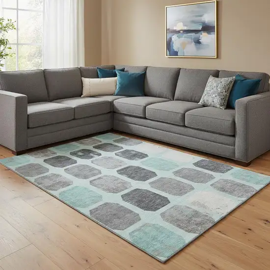 Teal Gray And Ivory Geometric Washable Area Rug With UV Protection Photo 2