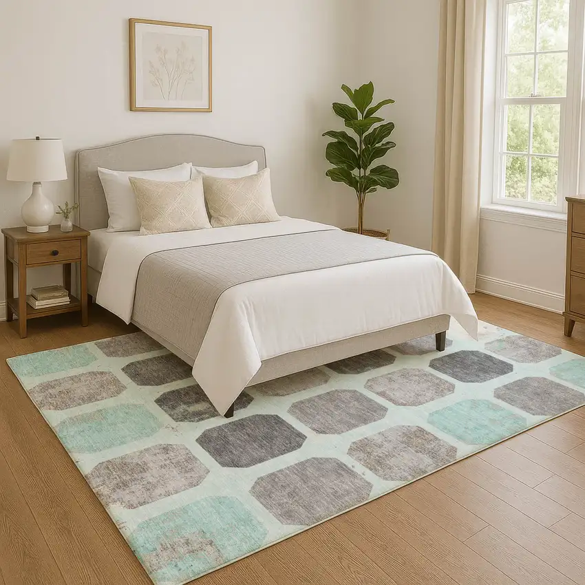 Teal Gray And Ivory Geometric Washable Area Rug With UV Protection Photo 5