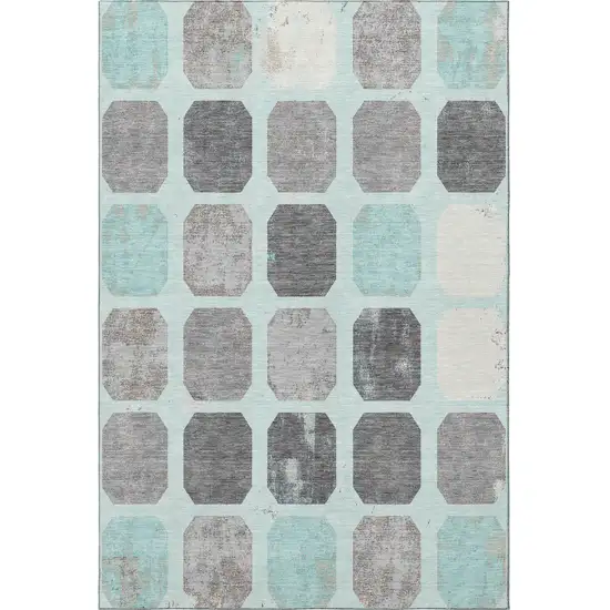 Teal Gray And Ivory Geometric Washable Area Rug With UV Protection Photo 4